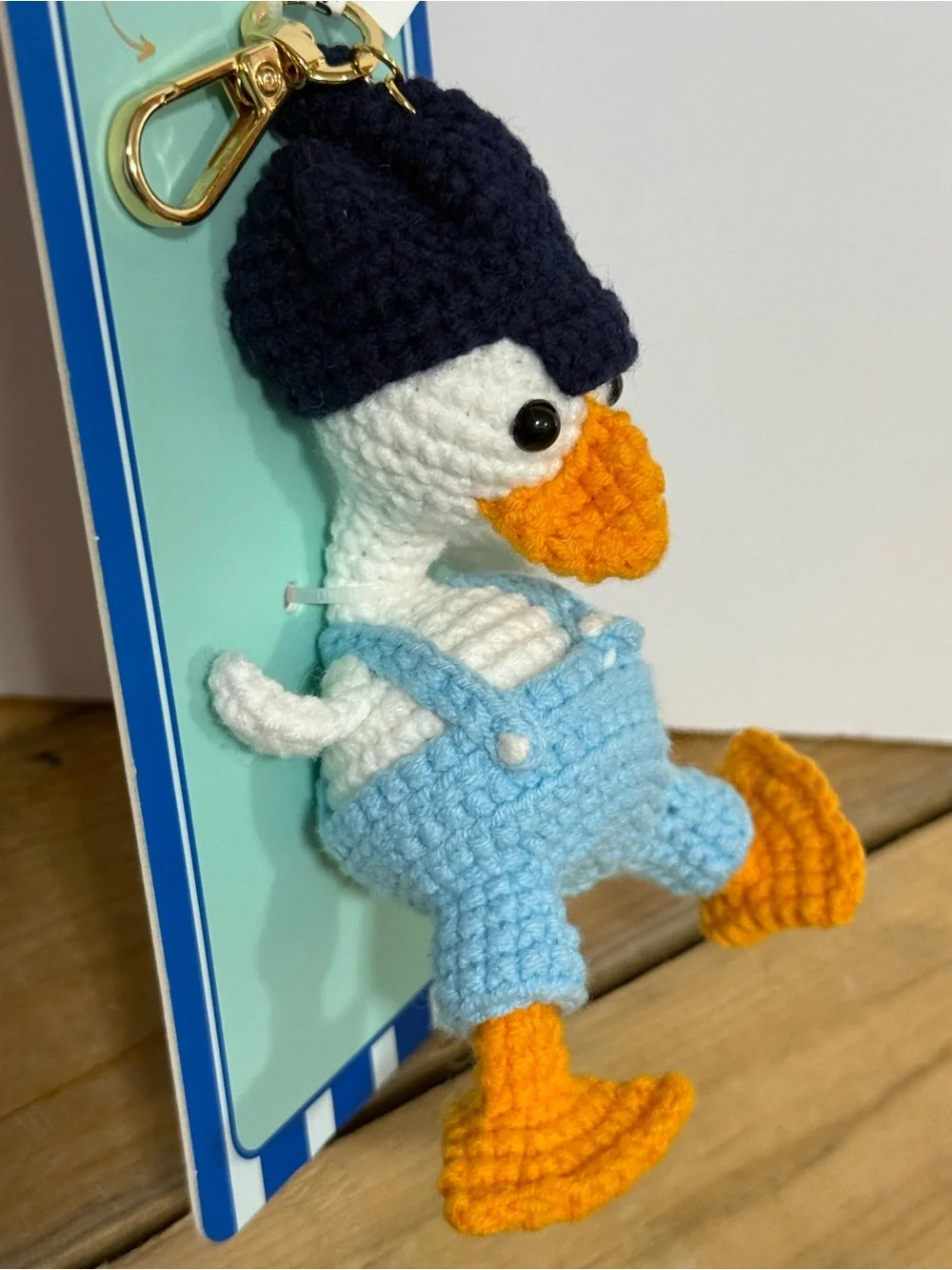 Piper Navy, Light Blue and Orange Crochet Duck Key Charm